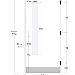 Technical drawing of a door with dimensions labelled in millimetres, including door height, width, frame size, floor clearance, and handle placement.