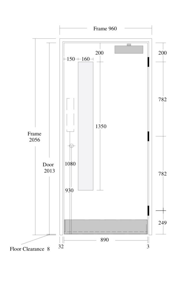 Technical drawing of a door with dimensions labelled in millimetres, including door height, width, frame size, floor clearance, and handle placement.